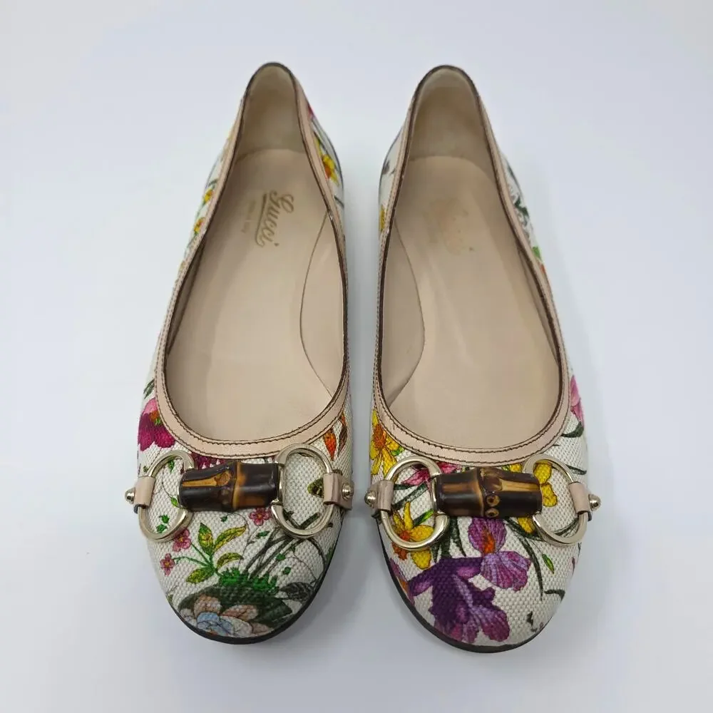 Gucci Horsebit Ballerina Floral Vintage Bamboo Flats Canvas Leather IT 36C 6